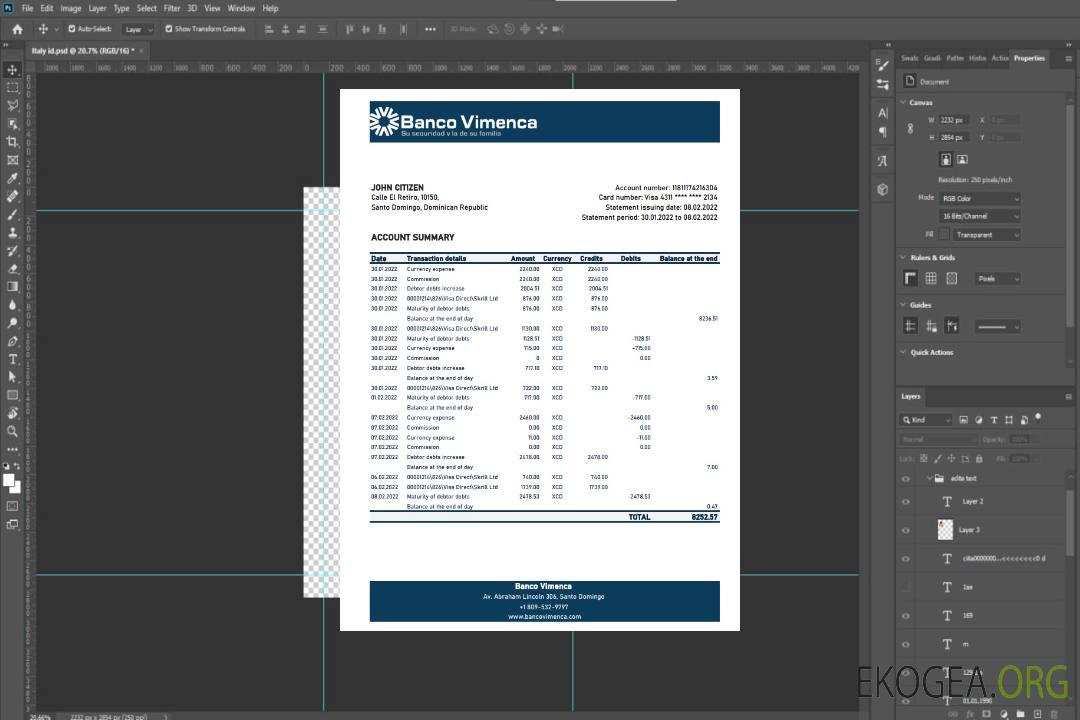 Relevé bancaire de la Banco Vimenca en République Dominicaine template Relevé bancaire de la Banco Vimenca en République Dominicaine template